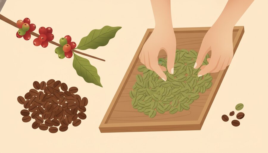 Mãos selecionando grãos de café especial verde sobre uma mesa de classificação, separando os defeitos