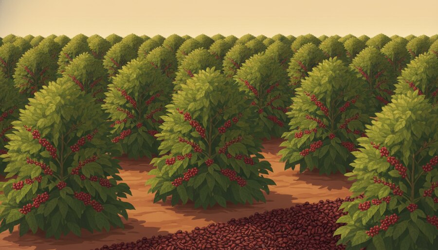Lavoura tecnificada de café conilon com plantas carregadas de frutos sob sol forte, em região de baixa altitude