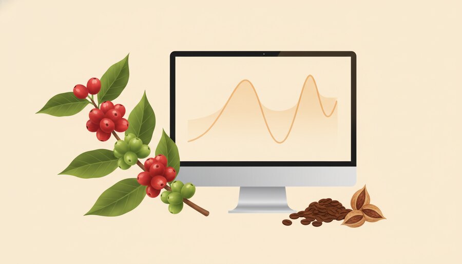 Gráfico de linha do preço da saca de café ao longo do tempo em uma tela, representando o indicador diário do CEPEA