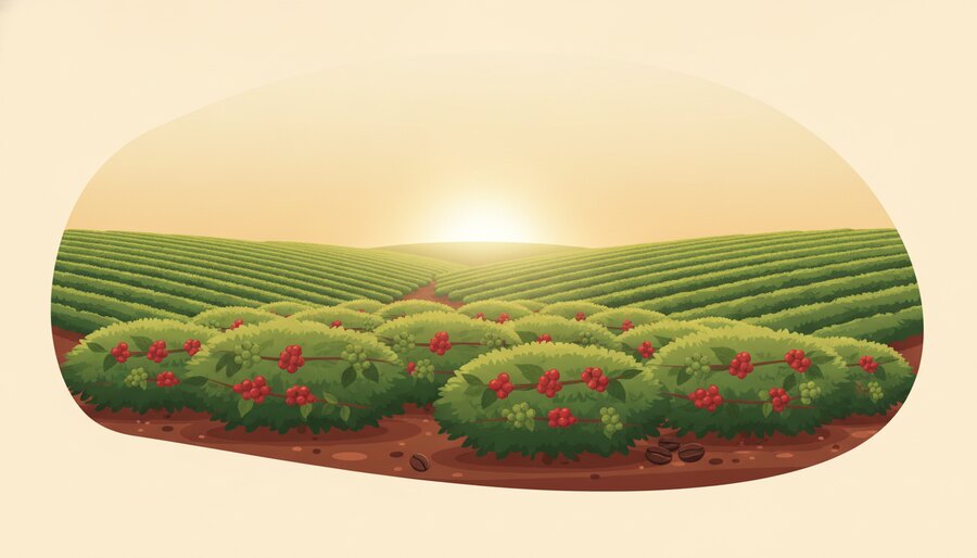 Lavoura de café em colinas verdes do Brasil ao pôr do sol